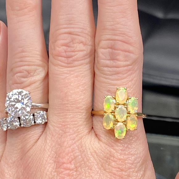 10k Yellow Gold 2 Carat Opal Ring - Fire Opal Flower Custer Ring - Picture 11 of 15